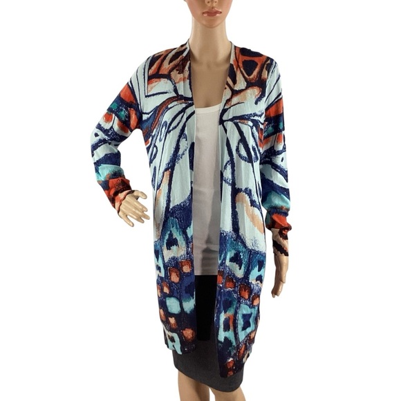 Chico’s Butterfly Print Duster Cardigan Sweater Aurora Teal Size M - Picture 1 of 7